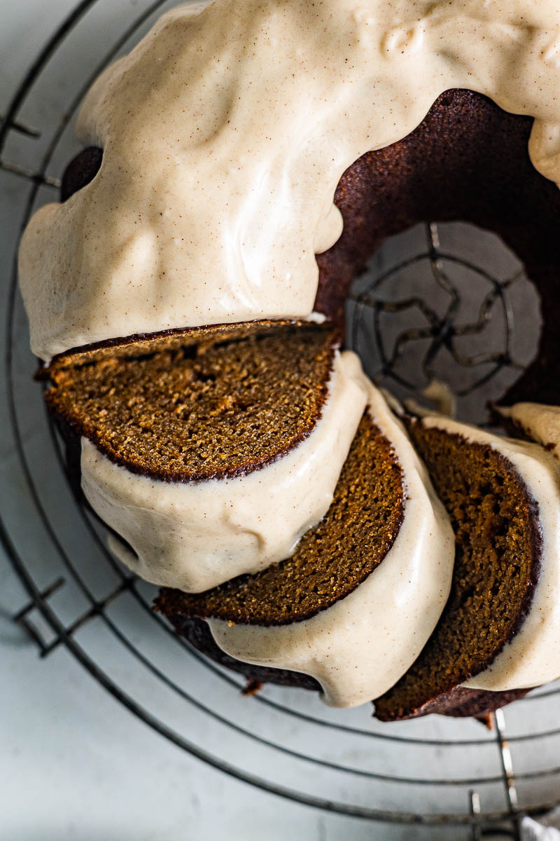 This is a close up overhead image of the finished Gluten Free Gingerbread Bundt Cake.