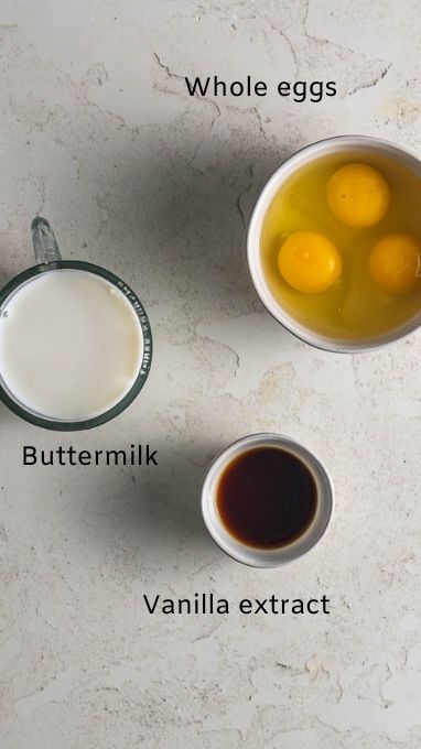Ingredient image for the Gluten Free Gingerbread Bundt Cake. This image shows eggs, buttermilk, and vanilla extract