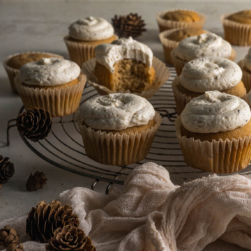 Final image of gluten free maple cupcakes with brown butter cream cheese frosting on the top.