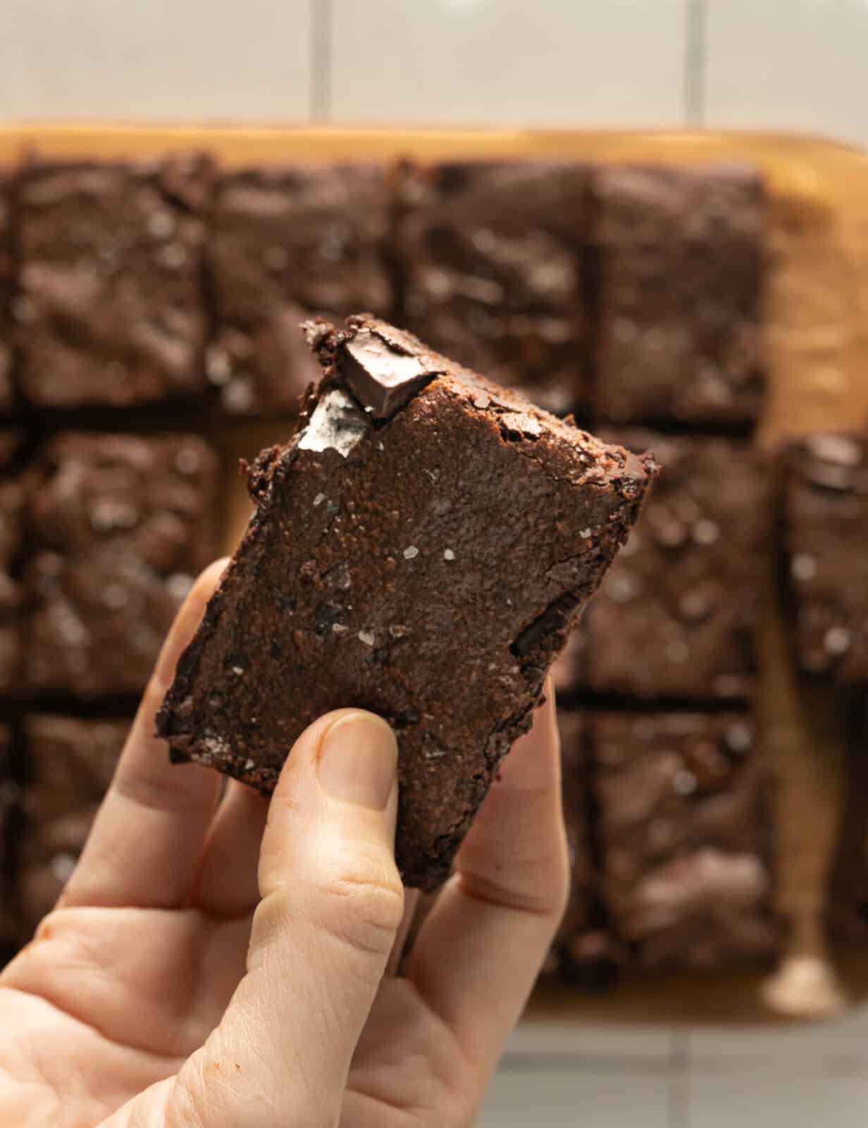 Someone is holding a brownie over the tray of cut brownies just before a bite is taken out of gluten free chocolate chunk brownies.