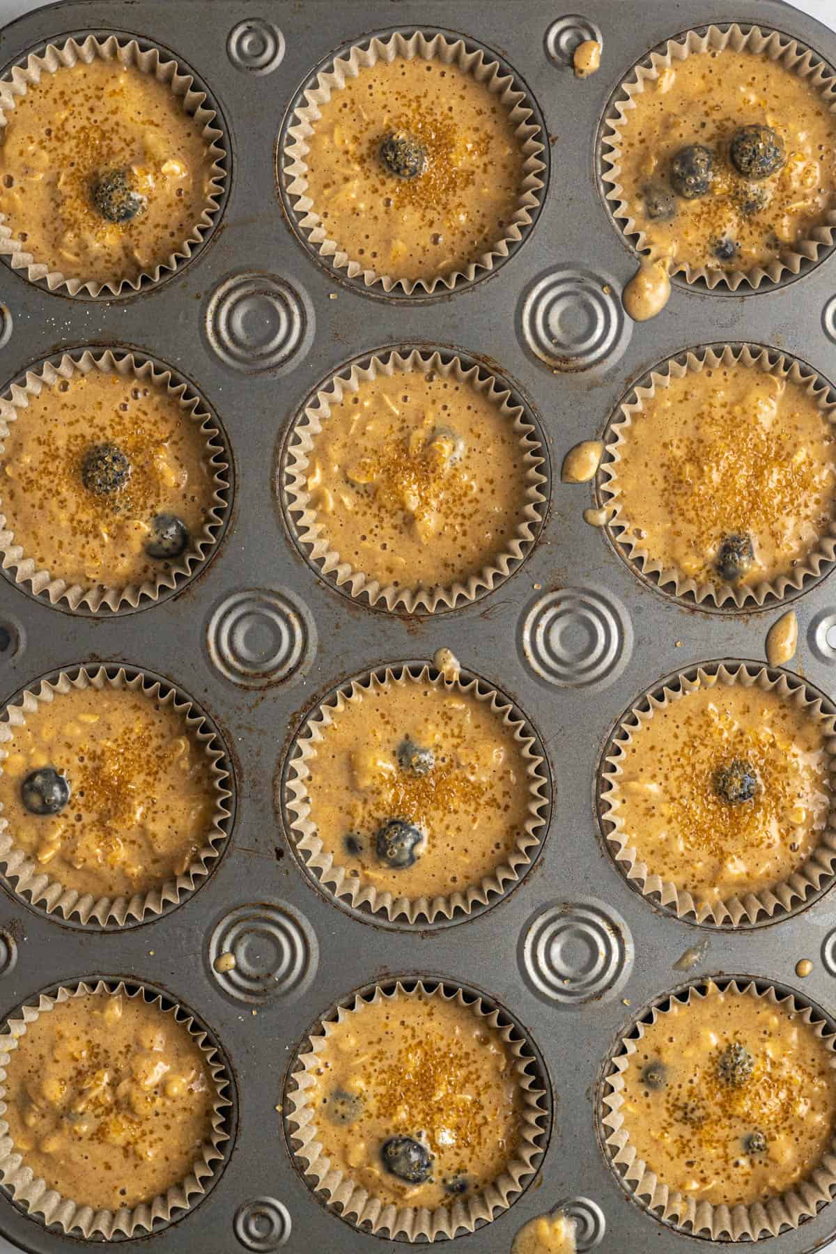 This image shows the muffin batter once it's been divided in the muffin pans. The Blueberry Banana Oat Muffins have been lightly sprinkled with coarse sugar.