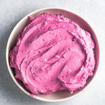 Image showing the completed blueberry frosting in a bowl, just before being placed on a cake.