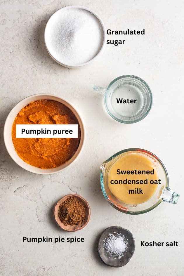 Ingredients for the pumpkin sauce for coffee. This shows bowls of granulated sugar, water, pumpkin puree, sweetened condensed oat milk, pumpkin pie spice, and coarse Kosher salt.