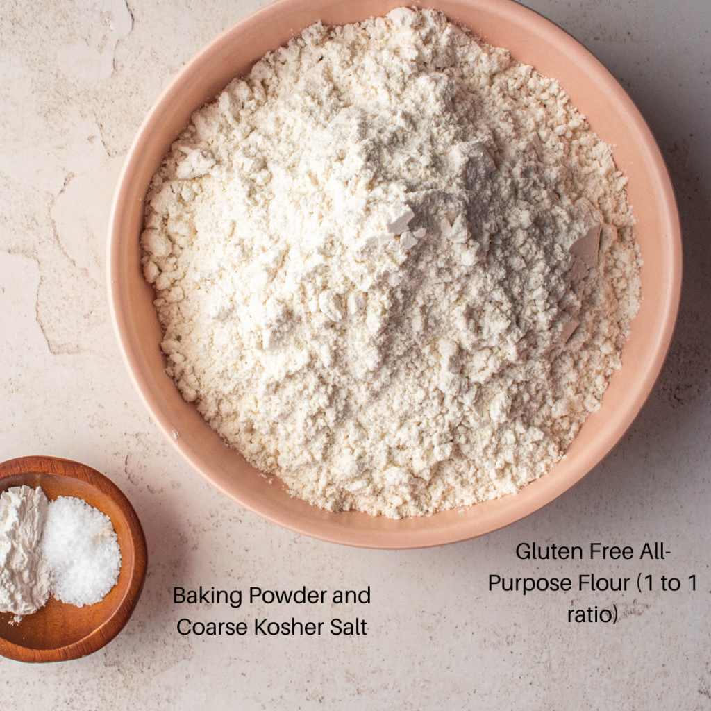Ingredient image showing gluten free all purpose flour, baking powder, and kosher salt for Chocolate Chip Sugar Cookies without Brown Sugar.