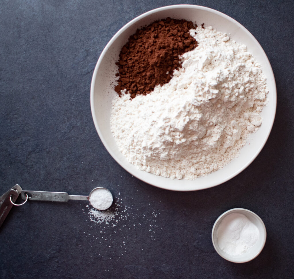 gluten free, all-purpose flour, cocoa powder, Kosher salt, baking powder, baking soda