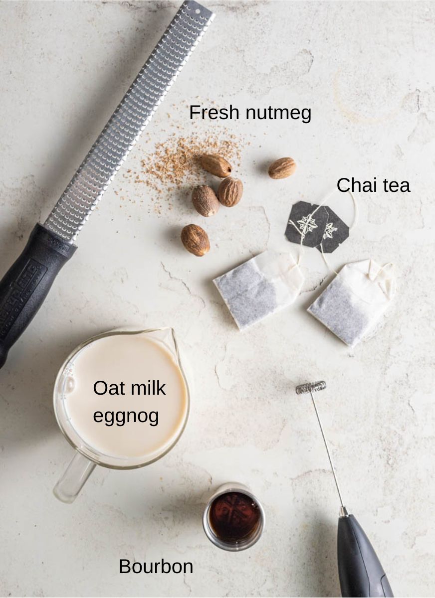 Ingredients for oat milk eggnog chai cocktail