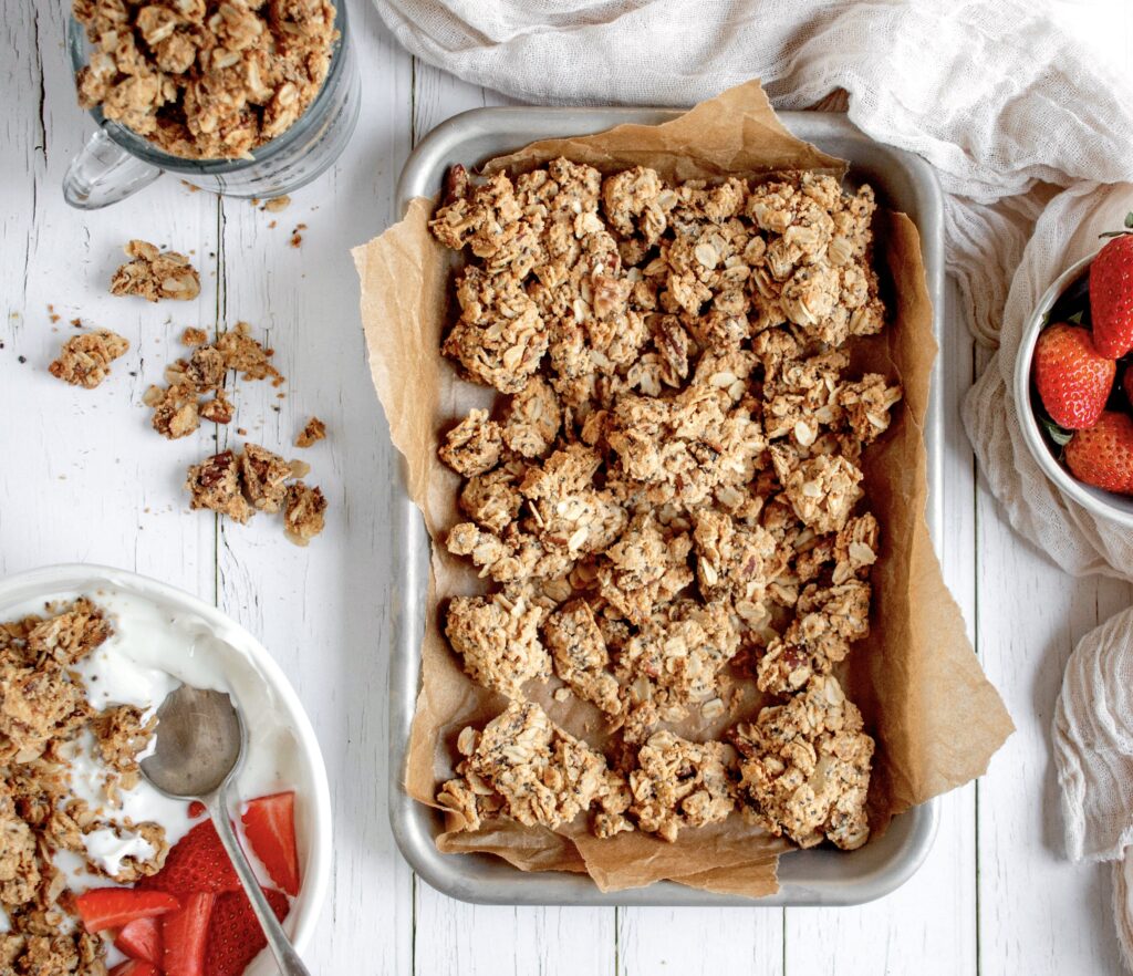 Finished peanut butter granola clusters with yogurt
