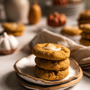 Stack of finished gluten free pumpkin cheesecake cookies