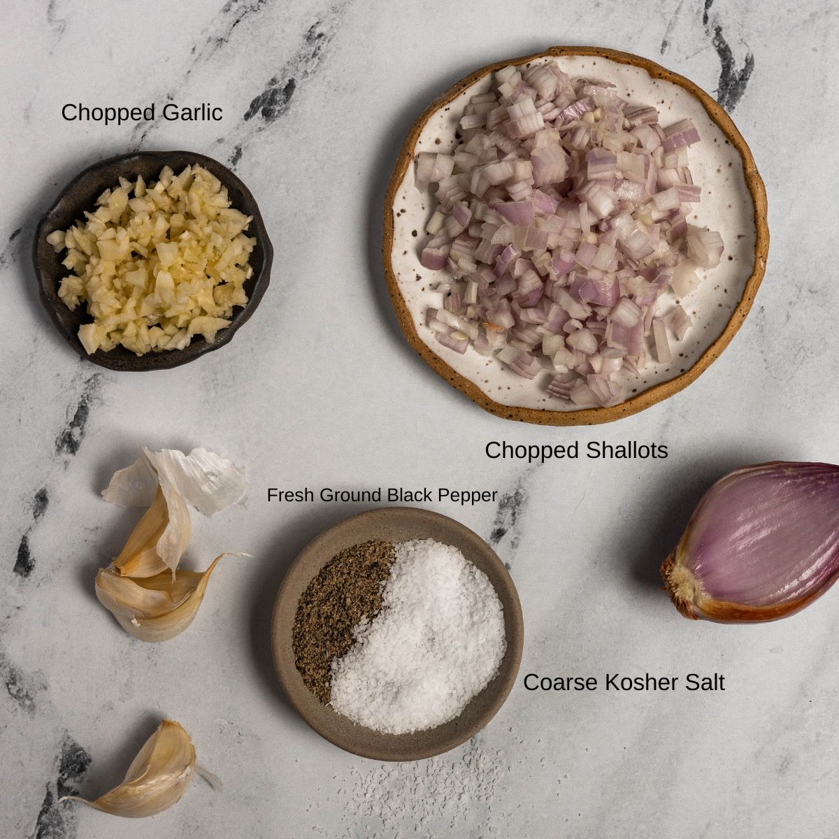 Ingredient image for Pumpkin and Mushroom Risotto. Shows chopped shallots, chopped garlic, salt, and pepper
