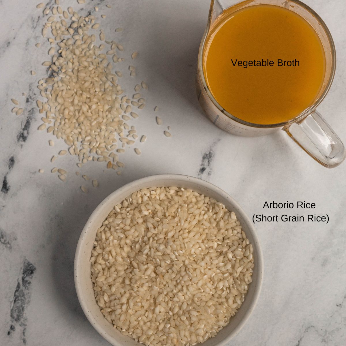 Ingredient image for Pumpkin and Mushroom Risotto. Shows uncooked risotto (short grain rice) and vegetable broth.