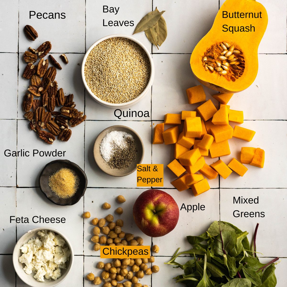 Ingredients for quinoa and chickpea salad with butternut squash