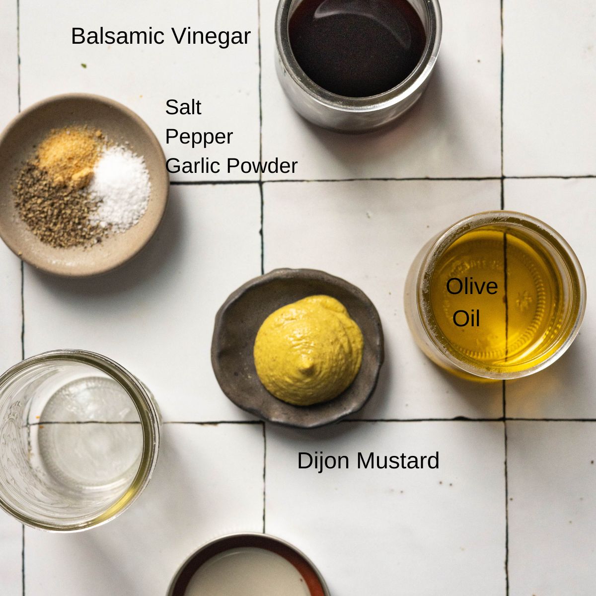 Ingredients for balsamic vinaigrette for quinoa and chickpea salad