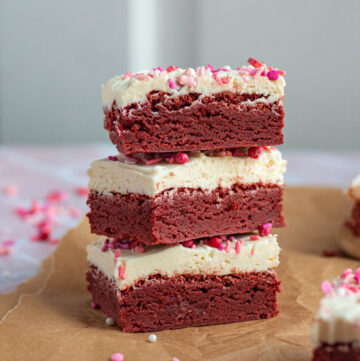 stack of finished red velvet brownies