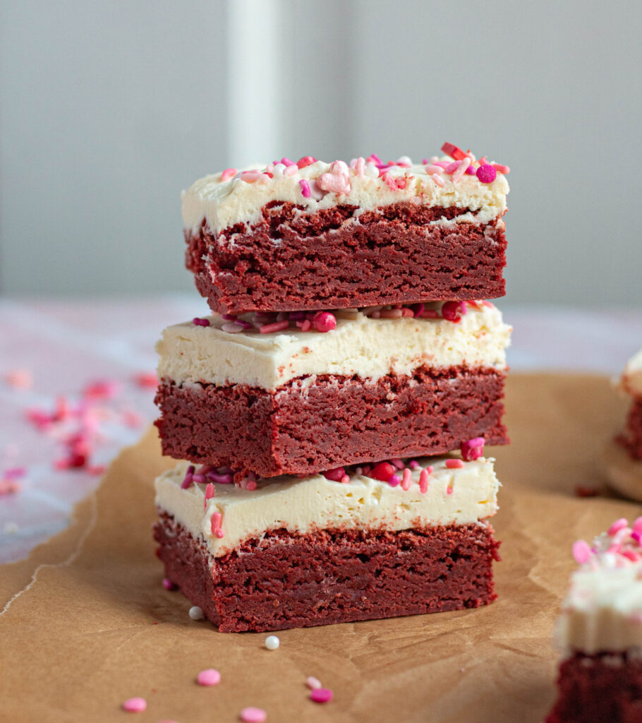 stack of finished red velvet brownies