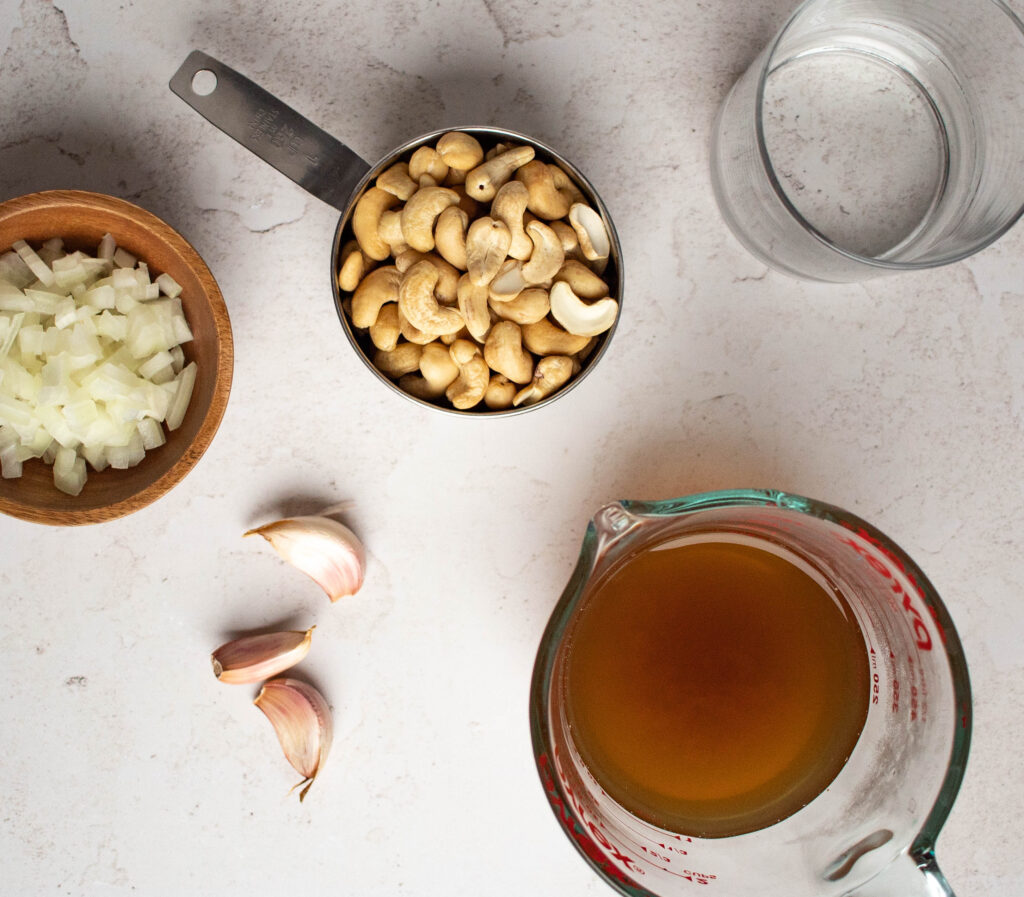 Cashews, onions, garlic, vegetable broth, and vodka